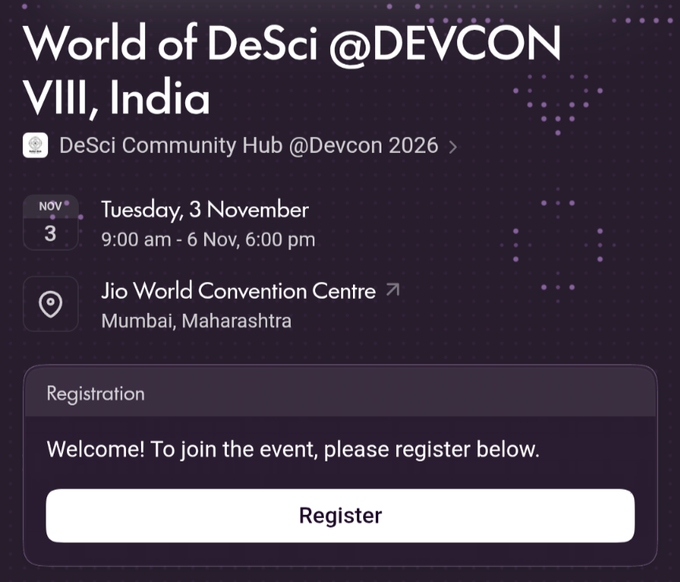 An event registration page for 'World of DeSci @DEVCON VIII, India' taking place Tuesday, 3 November at Jio World Convention Centre in Mumbai, Maharashtra.