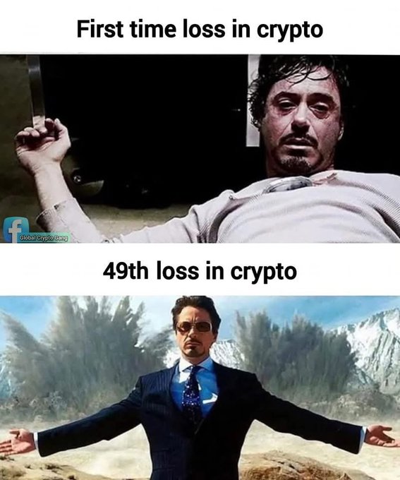 The meme features the "Tony Stark lying on the floor" template, with text reading "First time loss in crypto" showing a battered Tony on the floor, and "49th loss in crypto" showing him confidently standing with arms outstretched. The humorous contrast shows how crypto traders react dramatically to their first loss but become unfazed after experiencing it repeatedly—capturing the emotional desensitization that matches the post's simple "true" affirmation.