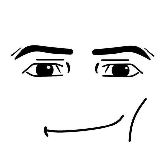 A minimalist black-and-white line drawing of a face with raised eyebrows and a subtle smirk.