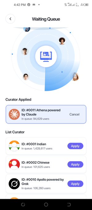 A mobile app interface showing a 'Waiting Queue' with a curator application for 'ID: #0011 Athena powered by Claude' in a queue of 94,629 users, along with other available curators like Indian, Chinese, and Apollo.
