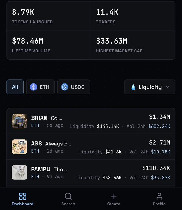 The image displays a trading dashboard showing 8.79K tokens launched, 11.4K traders, $78.46M lifetime volume, and $33.63M highest market cap, with featured tokens including BRIAN ($1.34M), ABS ($2.71M), and PAMPU ($110.34K), and navigation tabs for Dashboard, Search, Create, and Profile. This dashboard reflects the platform's growth and feature updates mentioned in the post about Base B20's development progress under @stambouli_o1, highlighting real metrics that demonstrate building momentum rather than hype.