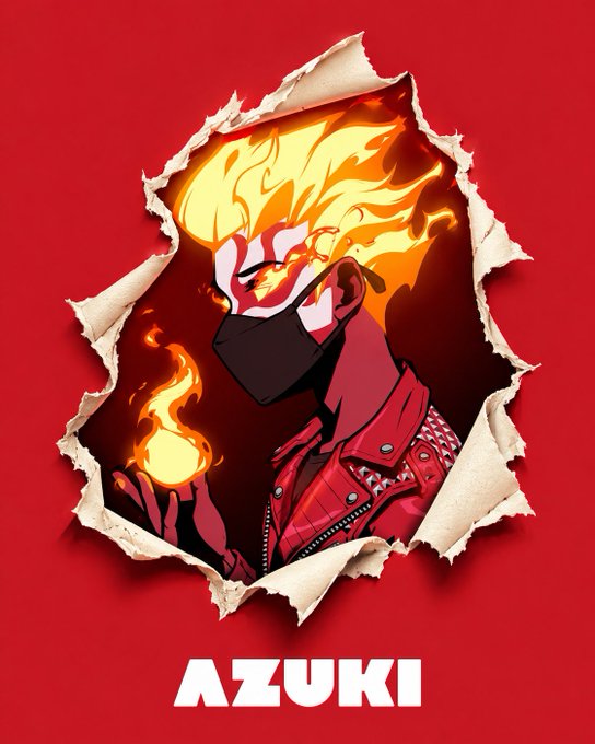 A stylized anime-style illustration labeled 'AZUKI' depicting a character with flame hair wearing a red leather jacket and face mask, appearing to burst through torn paper against a red background.