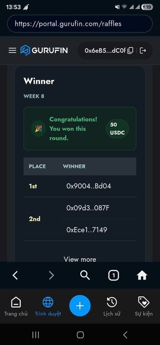 A screenshot of the Gurufin raffles portal showing a "Winner" notification for Week 8 with a 50 USDC prize, listing the 1st place winner as 0x9004...Bd04 and 2nd place as 0x09d3...087F, illustrating the poster's first raffle win after eight weeks of participation.