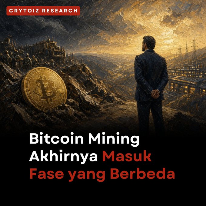 A Cryptoiz Research promotional graphic for Bitcoin Mining with the Indonesian text 'Bitcoin Mining Akhirnya Masuk Fase yang Berbeda' showing a man overlooking a mountainous landscape with a large Bitcoin coin.