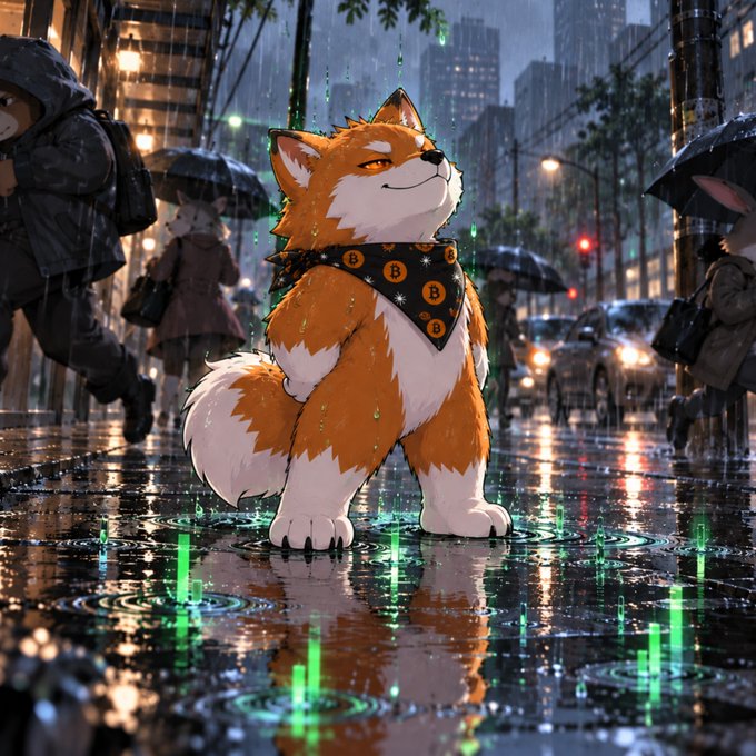 An anime-style illustration of a Shiba Inu dog standing on a wet city street in the rain, wearing a black bandana with Bitcoin (₿) logos, with green digital patterns rising from puddles.