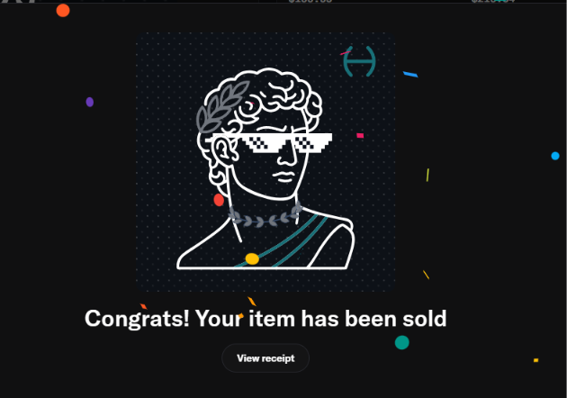 Digital artwork on a dark background showing a line-drawn figure with a laurel wreath and pixelated sunglasses, with the text 'Congrats! Your item has been sold' and a 'View receipt' button.