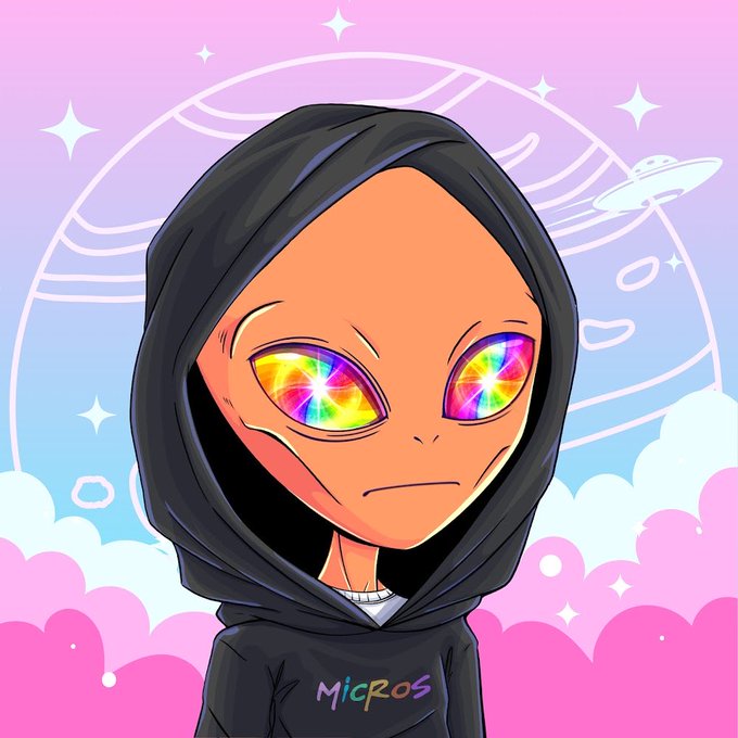 A cartoon-style illustration of a hooded figure with rainbow prism eyes, wearing a black hoodie labeled 'Micros,' set against a pastel pink sky with planets and clouds.
