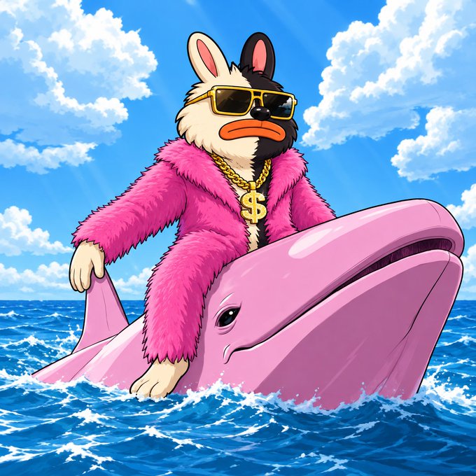 A cartoon French Bulldog wearing a pink fur coat, yellow-framed sunglasses, and a gold "$" dollar sign chain necklace rides atop a pink dolphin through ocean waves under a bright blue sky with fluffy clouds, while the accompanying post promotes a "$SOL" wallet airdrop giveaway, using the flamboyant "rich dog" meme imagery as a flashy lure to attract cryptocurrency enthusiasts to submit their Solana wallet addresses for a supposed reward.