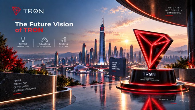 Promotional graphic for TRON blockchain titled 'The Future Vision of TRON' featuring a futuristic cityscape, a glowing red TRON logo pedestal, and pillars labeled 'Driving Innovation', 'Expanding Accessibility', and 'Building Together' with the tagline 'A Brighter Blockchain Tomorrow.'
