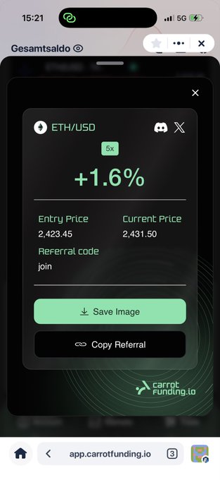 A mobile screenshot of a Carrot Funding.io referral page showing an ETH/USD trade with +1.6% gain, entry price 2,423.45, current price 2,431.50, and referral code 'join'.
