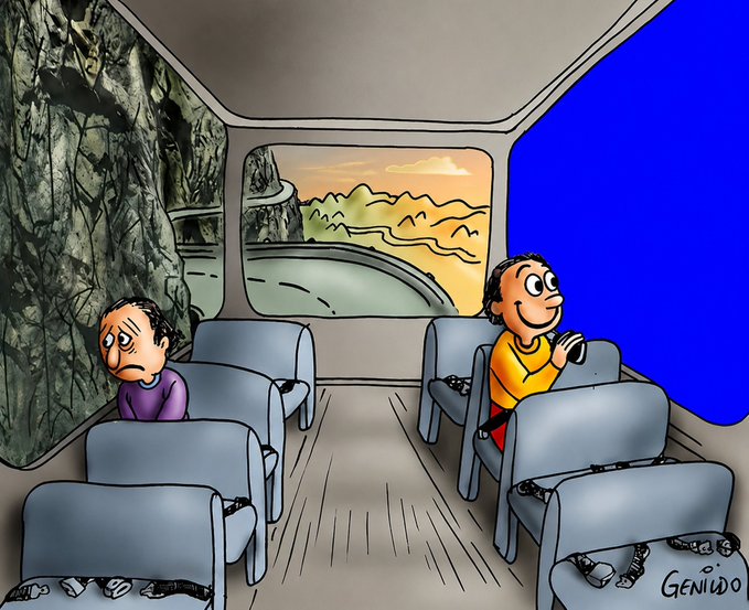 The image shows two cartoon boys sitting next to each other inside a bus. One boy has his head down while the other one looks out of the window with an expression of sadness or disappointment, as if he's looking at something that makes him feel unhappy. The scene is set against a blue background and depicts a moment in time where the boys are experiencing different emotions during their journey on the bus.