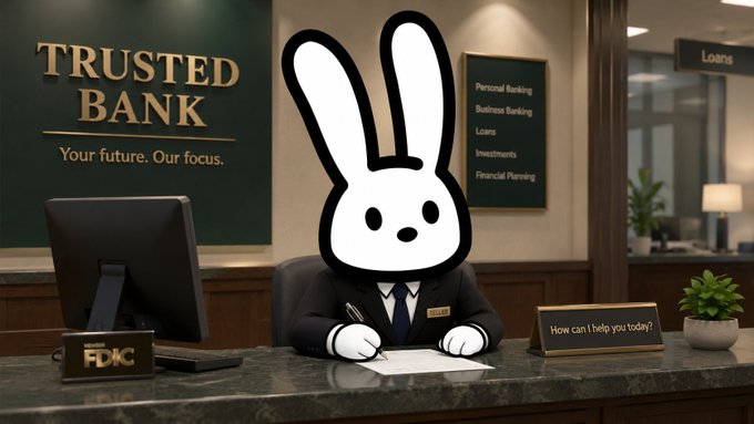 The image features an illustration of a cartoon rabbit sitting behind a desk, dressed as a bank teller with a tie. The rabbit appears to be working at a bank, surrounded by various objects such as a computer monitor, keyboard, and mouse. In the background, there is a sign that reads "Trusted Bank" and another sign that says "How can you track the foundation's wallet movement directly at ENS bunnyos: movement of $OS and movement of trading fee revenue?". The rabbit seems to be engaged in some form of banking activity or transaction, possibly related to the foundation.
