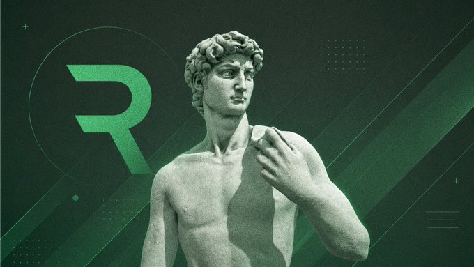 A graphic design featuring a grayscale statue of a muscular man (similar to Michelangelo's David) alongside a large green letter 'R' on a dark green, geometric background.
