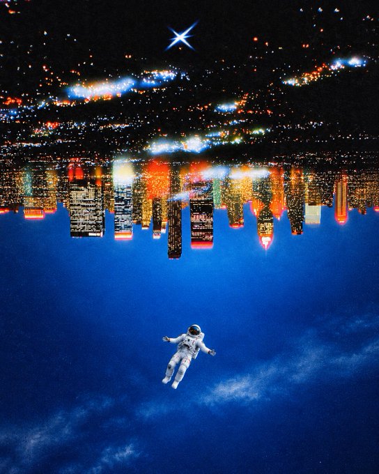 An astronaut floats in deep blue space beneath a glittering, inverted cityscape and a single bright star, capturing the serene isolation conveyed by the caption "No noise up here." The mirrored urban skyline fading into stars above reinforces the quiet, otherworldly stillness the post describes.