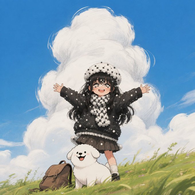 An anime illustration of a smiling girl in a black winter sweater and checkered hat standing joyfully in a field with her white dog and backpack under a blue sky.