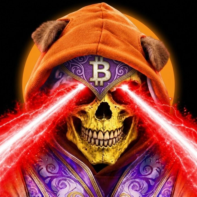 A skull wearing an orange animal-eared hood and a purple Bitcoin-logo mask emits bright red-and-white laser beams from its eyes.