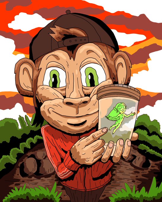 A digital cartoon illustration of a monkey character wearing a backwards cap and red shirt, smiling while holding up a clear cup containing a small green fish or creature, set against a colorful sunset background with clouds and vegetation.