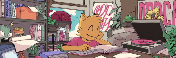 A cheerful orange cartoon cat relaxes at a desk with a pink vinyl record player, books, and plants, matching the ODDCATS NFT giveaway vibe. Pink "ODDCATS" graffiti is visible on the wall behind the cat.