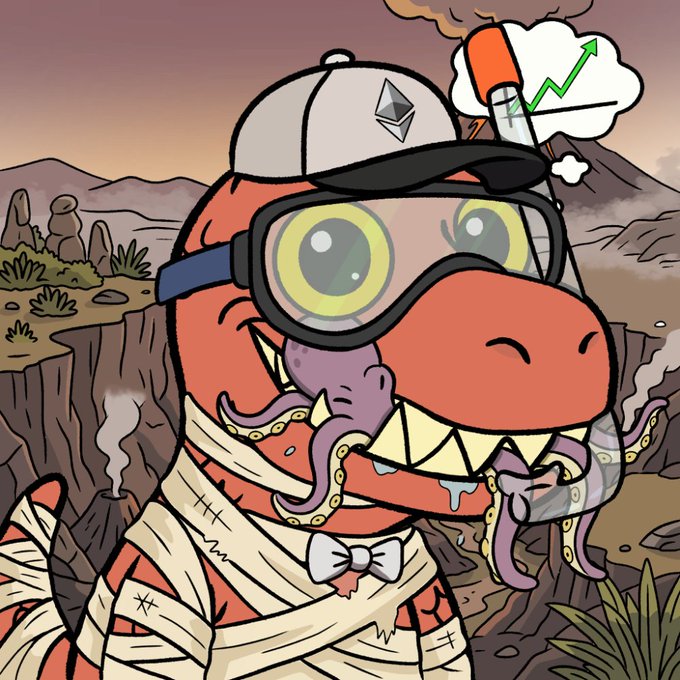 A cartoon illustration of a red dinosaur wearing a baseball cap, goggles, and bandages, with a small purple octopus in its mouth and a thought bubble showing a rising green chart and a pill.