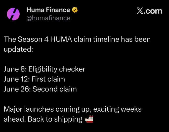 The image features a black background with white text that reads "Happy new month fam. Welcome to the month of June. It's a big month for huma finance with the season 4 reward claim starting on June 12, with some major launches coming up this month." The text also mentions "Back to shipping" and "Community initiatives".