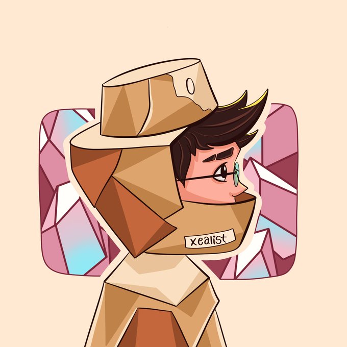 A cartoon-style NFT avatar of a bespectacled character wearing an oversized brown cardboard box costume with the text 'xealist', set against a pastel geometric background.