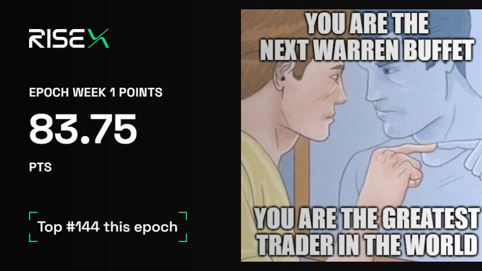 A RISEX platform screenshot showing 'EPOCH WEEK 1 POINTS 83.75 PTS, Top #144 this epoch' alongside a Star Wars animated meme captioned 'YOU ARE THE NEXT WARREN BUFFET' and 'YOU ARE THE GREATEST TRADER IN THE WORLD.'