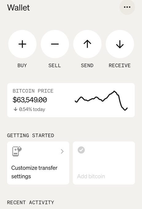 A screenshot of a cryptocurrency wallet app interface displaying Bitcoin at $63,549.00 (down 0.54% today), with options to Buy, Sell, Send, and Receive, along with a "Customize transfer settings" prompt—visually reinforcing the post's message that serious hardware, security, and design philosophy are applied to building reliable wallet products.