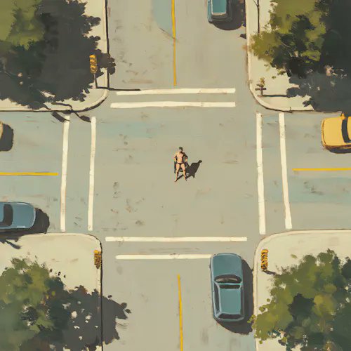 A man walks across a street, accompanied by parked cars and trees, with an overhead view of the scene.