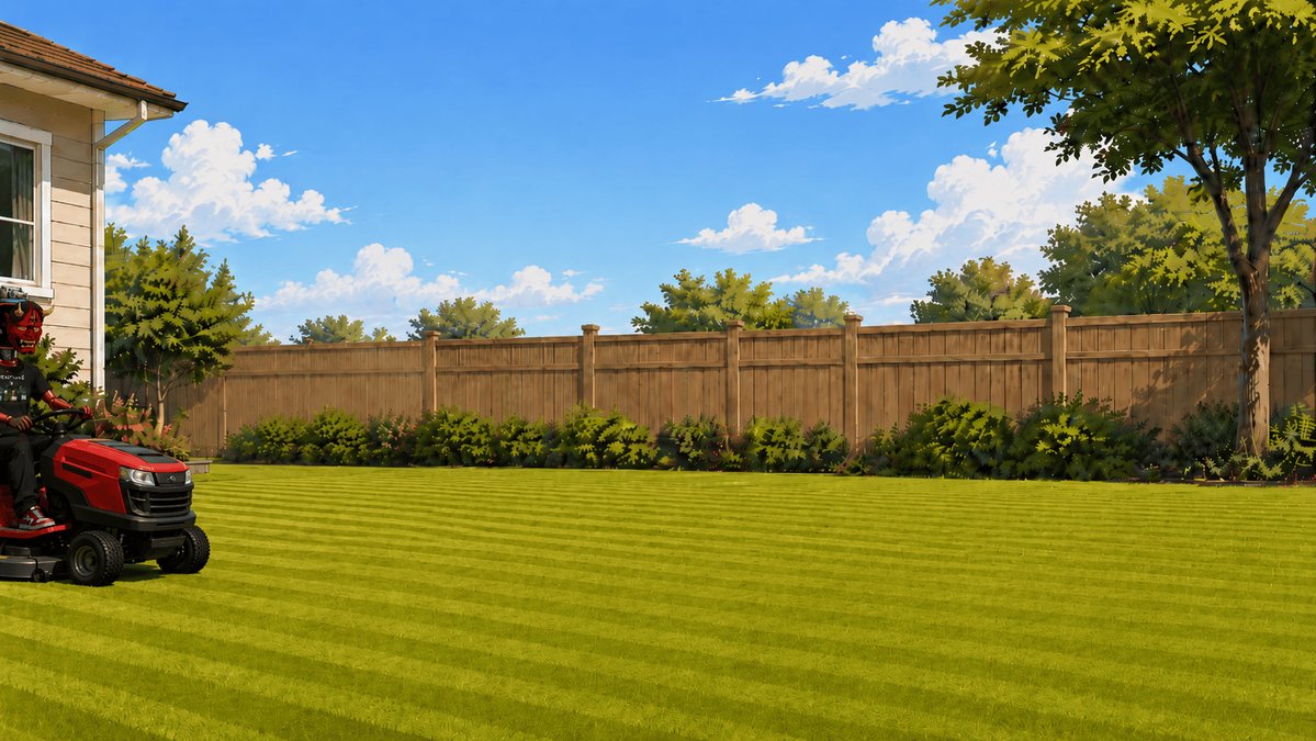 The image features a red lawn mower parked next to a wooden fence, with a house visible behind the fence. The scene also includes trees and bushes surrounding the area. The caption provided seems unrelated or out of place for this context. It is important to ensure that the content of the caption aligns with the visual elements in the image to maintain coherence and provide accurate information to viewers.