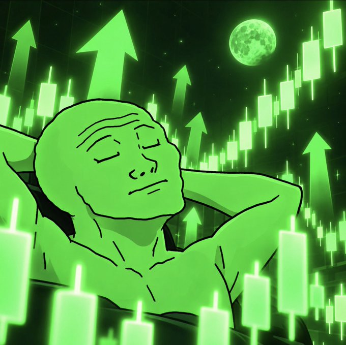 A green-tinted meme image of a 'Wojak' character relaxing with hands behind his neck, surrounded by upward-pointing arrows and candlestick charts under a full moon, representing a bullish market sentiment.