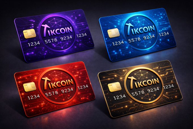 Four TikWallet debit cards in purple, blue, red, and black are displayed, each featuring a chip, the "TikCoin" logo, and the card number "1234 5578 9234 1234," visually previewing the upcoming branded crypto debit card option mentioned in the post.