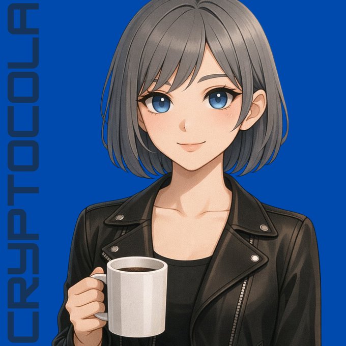 An anime-style character with short gray-blue hair and blue eyes, wearing a black leather jacket, smiles while holding a white coffee mug against a bright blue background with 'CRYPTOCULT' text on the left side.