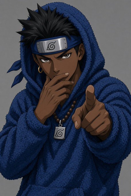 An anime-style illustration of a dark-skinned character with spiky black hair wearing a blue textured hoodie, a Hidden Leaf Village headband from Naruto, and a beaded necklace with a leaf pendant, pointing toward the viewer.