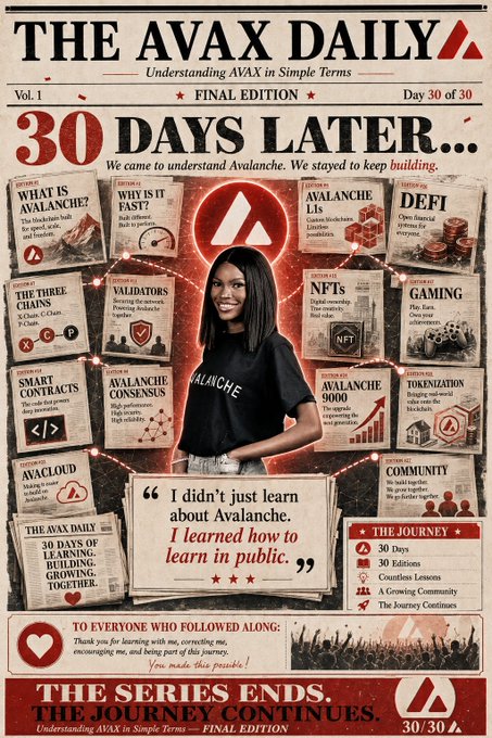 A promotional poster titled 'THE AVAX DAILY' with the subtitle 'Understanding AVAX in Simple Terms' and headline '30 DAYS LATER...', featuring a woman and various edition cards about Avalanche topics like DEFI, NFTs, and GAMING, concluding with 'THE SERIES ENDS. THE JOURNEY CONTINUES.'