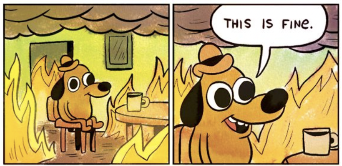 A two-panel comic strip showing a dog wearing a hat sitting calmly at a table inside a burning room, saying 'THIS IS FINE.'