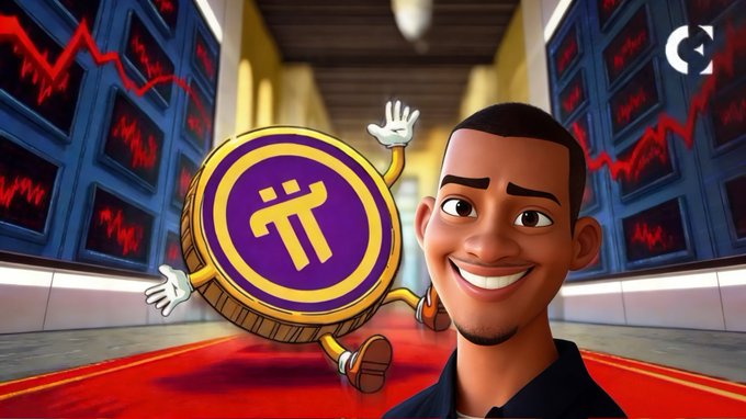 A cartoon-style image of a smiling young man next to an anthropomorphized Pi cryptocurrency coin running down a red carpet hallway with crashing stock charts in the background.
