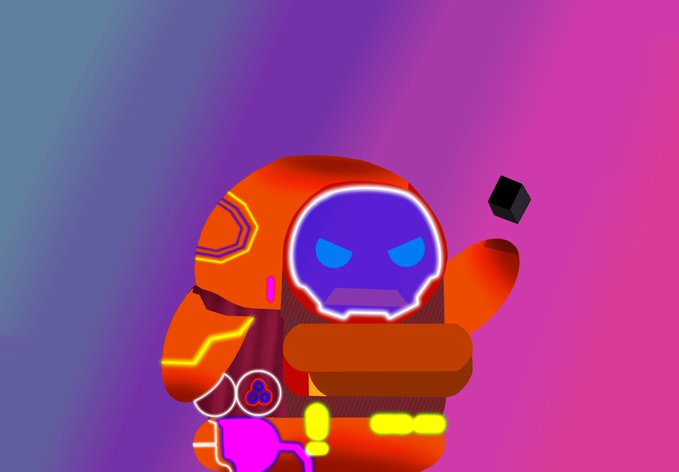 An animated character with an orange armored body, blue skull face with glowing eyes, and a weapon, set against a blue and pink gradient background.