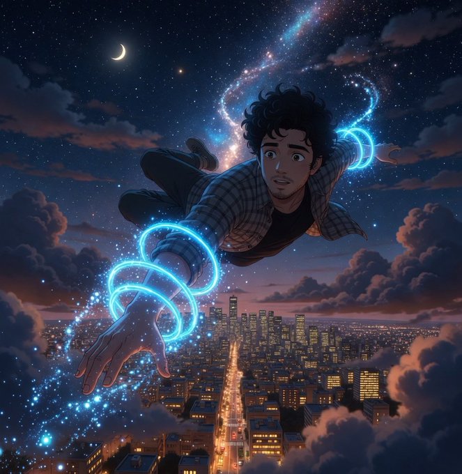 The image features a man with curly hair flying through space, surrounded by stars and planets. The scene takes place at night, with a city visible below him. The man appears to be wearing a plaid shirt as he soars above the cityscape.