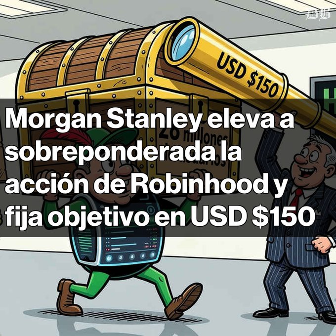 A cartoon graphic showing Morgan Stanley upgrading Robinhood stock to overweight with a USD $150 price target, featuring characters carrying a treasure chest and telescope.