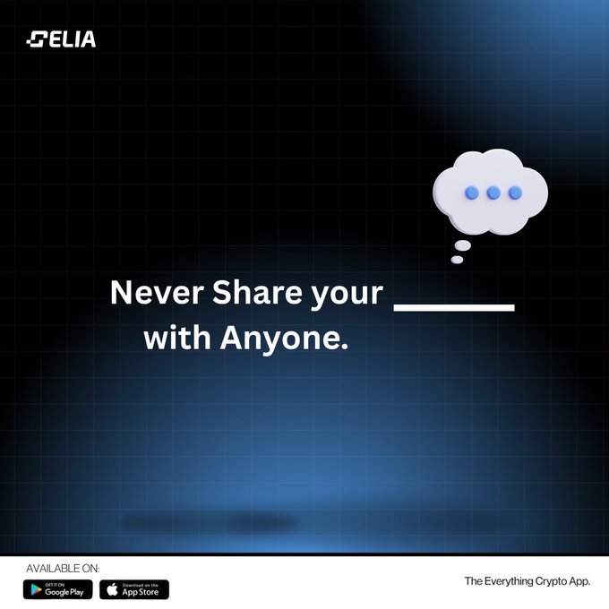 A promotional graphic for the Celia Wallet app featuring a thought bubble icon and the text "Never Share your _______ with Anyone." with blank space, accompanied by app store badges and the tagline "The Everything Crypto App."