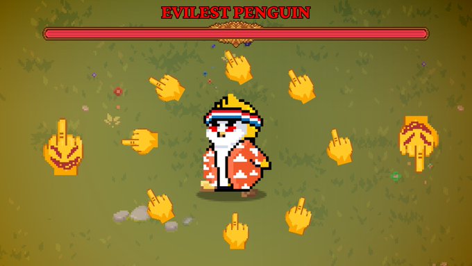 A pixel-art game screen titled 'EVILEST PENGUIN' showing a penguin character in a hoodie surrounded by yellow pointing hand cursors.