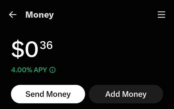 A mobile banking or money app screenshot showing a balance of $0.36 with a 4.00% APY, alongside "Send Money" and "Add Money" buttons, which humorously illustrates the post's complaint about receiving unsolicited money (just 36 cents) from an account, mocking its low value as a "gay little unicorn coin."