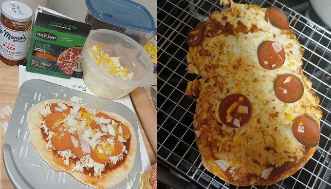 A split image showing pizza ingredients and preparation on the left with Mama's pizza sauce, pepperoni, and cheese, and the finished pepperoni pizza on a cooling rack on the right.