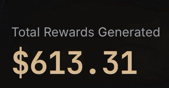 The image displays "Total Rewards Generated $613.31" against a black background, relating to the post's giveaway promotion where $20 will be awarded to one participant as a share of the accumulated rewards.