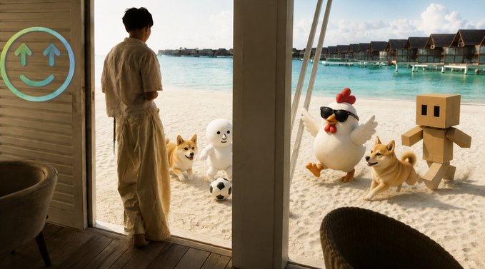 A person in a beige outfit stands at a doorway overlooking a tropical beach scene where animated characters—a Shiba Inu dog, a chicken wearing sunglasses, a cardboard robot, and a smiling white figure—play soccer on the sand beside turquoise water and overwater bungalows, with a colorful smiley face logo in the top left corner. The image playfully visualizes the "bullish weekend, max aura with maxbid" caption by blending real-world luxury leisure with whimsical meme characters, suggesting a fun, optimistic market vibe with internet culture flair.