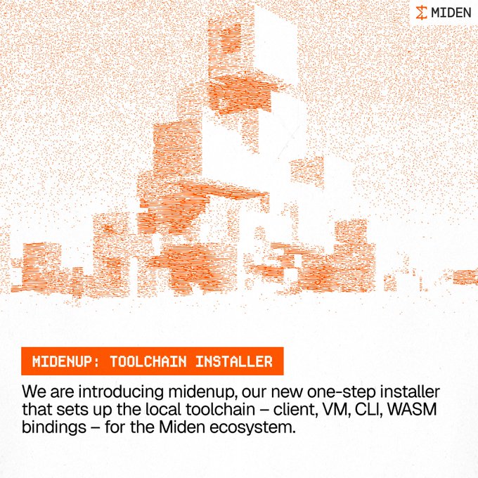 An announcement graphic for 'MIDENUP: TOOLCHAIN INSTALLER' featuring an orange pixelated cityscape and the Miden logo.