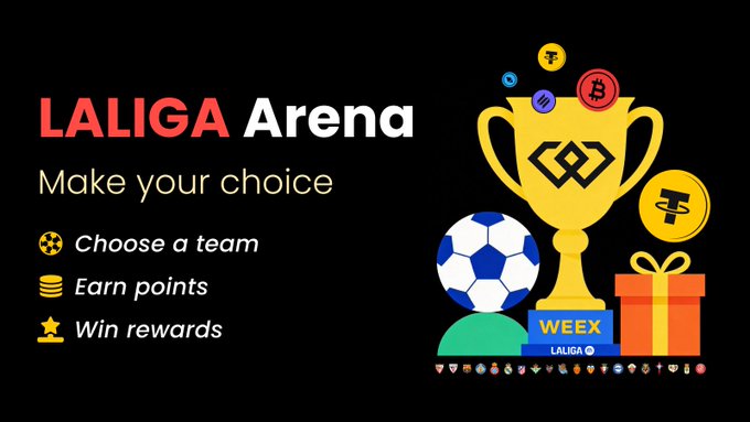 The image features a poster for an online game called "Laliga Arena" with a focus on soccer. The poster includes a yellow trophy, a soccer ball, and various other soccer-related items such as a soccer goal and a soccer jersey. The text on the poster encourages players to join the game by adding points or winning rewards, emphasizing the competitive nature of the sport.