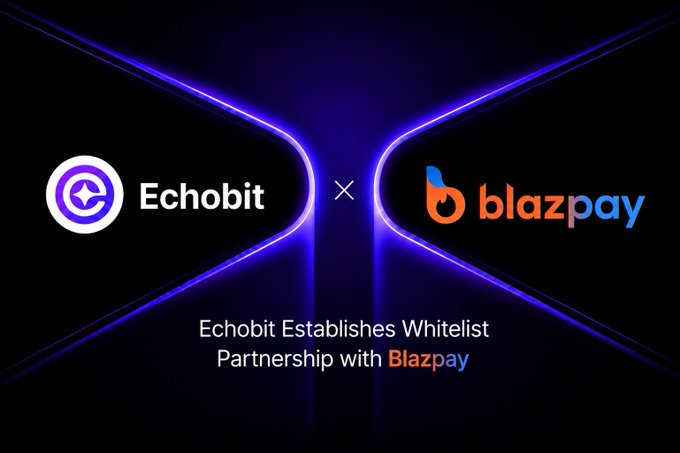The image displays a partnership announcement featuring the Echobit logo on the left and the Blazpay logo on the right, separated by an "x" against a glowing purple and black background. The text below reads, "Echobit Establishes Whitelist Partnership with Blazpay," visually supporting the post's announcement of the collaboration between EchoBit and Blazpay AI.