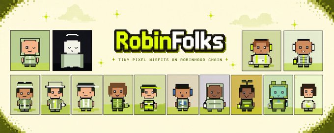 A promotional image for 'RobinFolks - Tiny Pixel Misfits on Robinhood Chain,' featuring a grid of pixel-art character sprites in various designs and outfits.