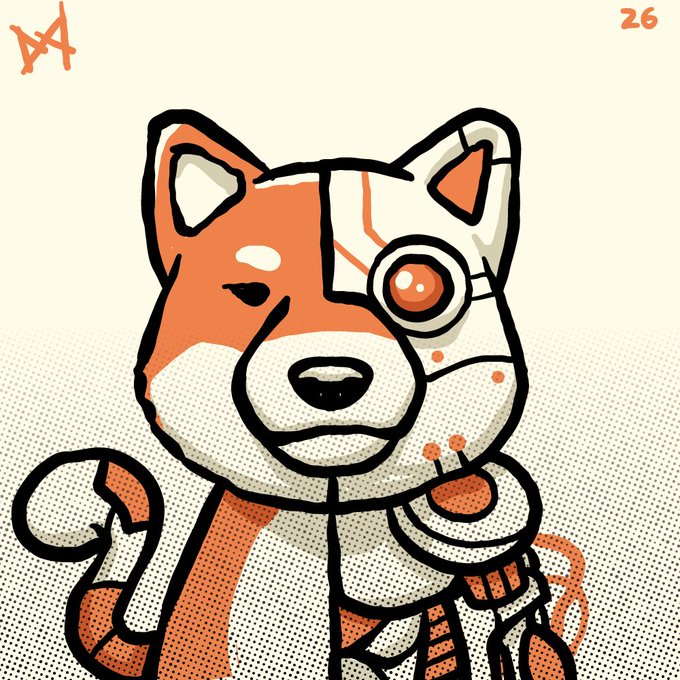 A stylized cartoon illustration of an orange and white Shiba Inu dog featuring cybernetic/mechanical enhancements, including a glowing red robotic eye and metallic jaw components, with the number '26' in the top right corner.